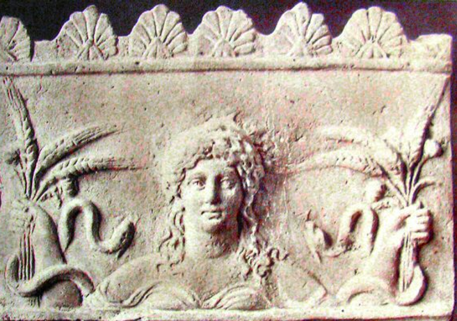 Demeter et ses symboles : épis de blé et serpents
